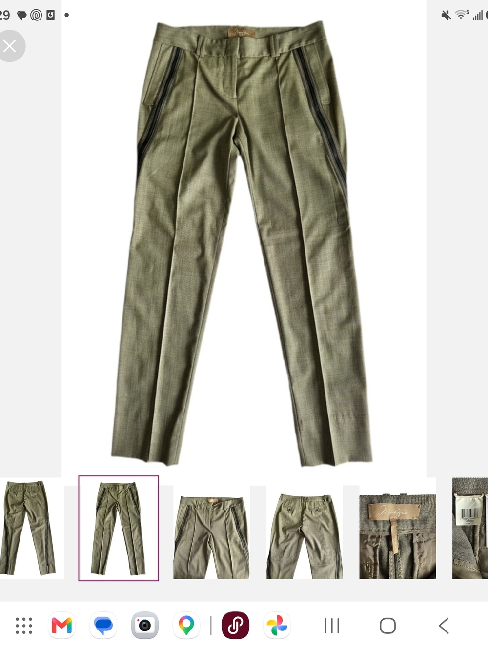 Designer MAXAZARIA Olive Green Dress Pants Trousers, Wool Blend, Zipper Details